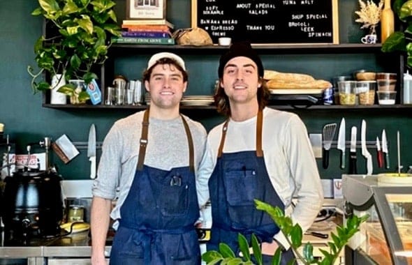 Top: Brock Ferraro and Jack Monahan behind the counter at Roto Grocery in Bay Shore. Credit: Roto Grocery on Facebook)