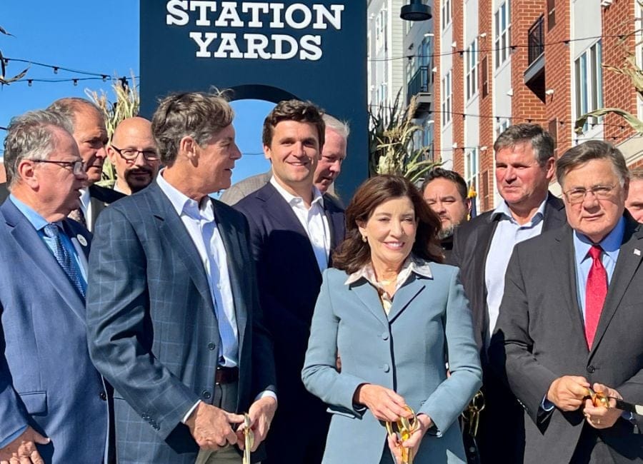 New York Governor Kathy Hochul joints Tritec executive and elected leaders Tuesday to celebrate the opening of The Core at Station Yards, formerly referred to as the Ronkonkoma Hub. (Credit: Michael White)