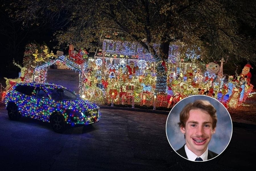 Holiday light display in East Northport with a photo inset of its artist Andrew Reid.