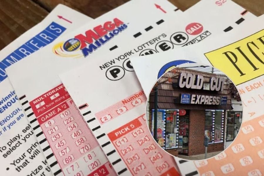 Photo of lottery tickets, and inset photo of Coldcut Express deli.