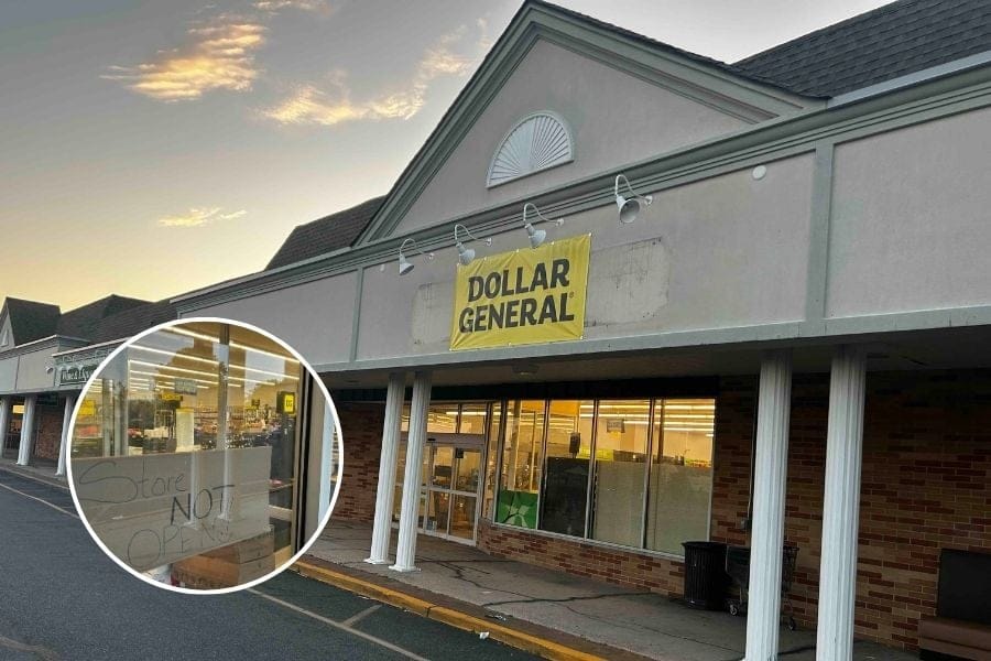 Front entrance of the upcoming Dollar General in Miller Place Square, with a cardboard sign reading “Store not open” taped to the glass door and a temporary vinyl banner above the entrance.