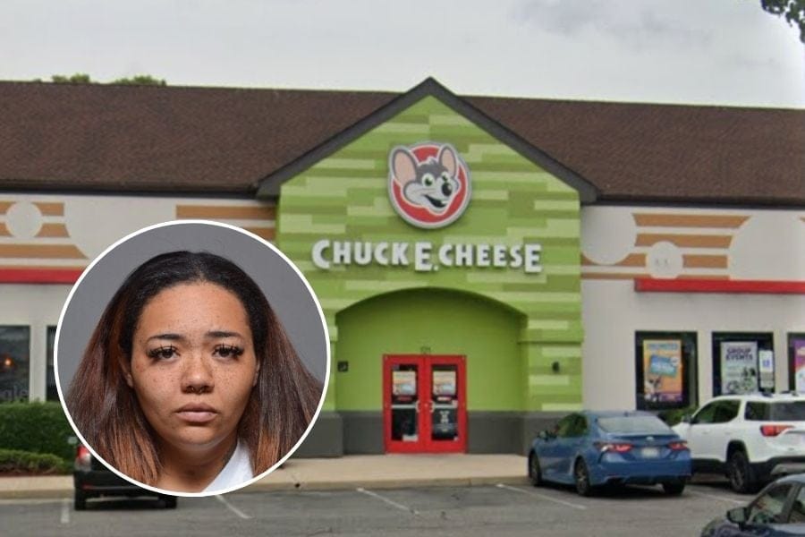 Exterior of Chuck E. Cheese in Patchogue with an inset image of defendant Brianna Mahoney.
