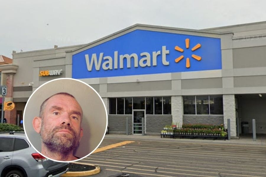 Michael Woodsby mug shot and exterior of Walmart in East Meadow.