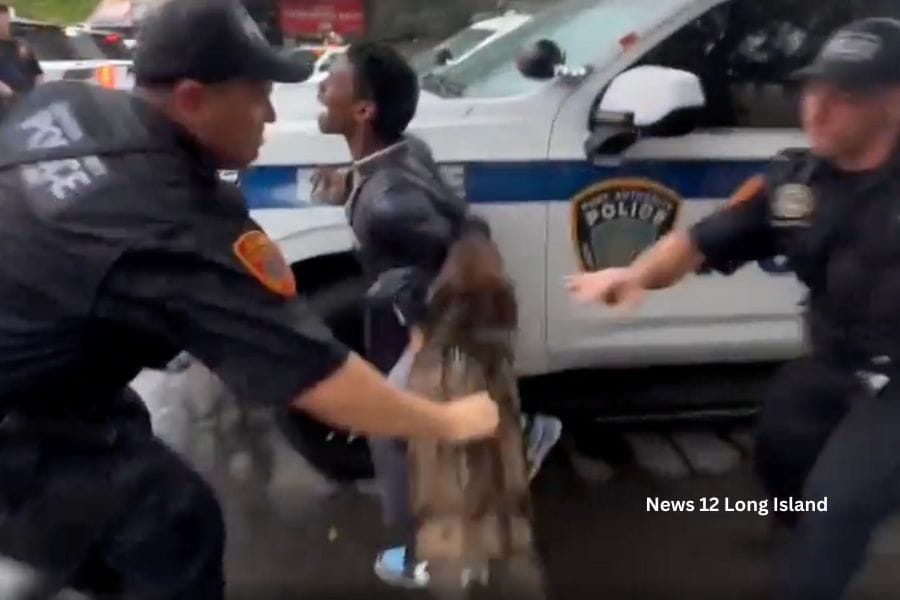 A K-9 broke free from its handler and bit a passerby at a funeral in the Bronx on Thursday for the New York Police Department officer killed in Manhattan on Monday.