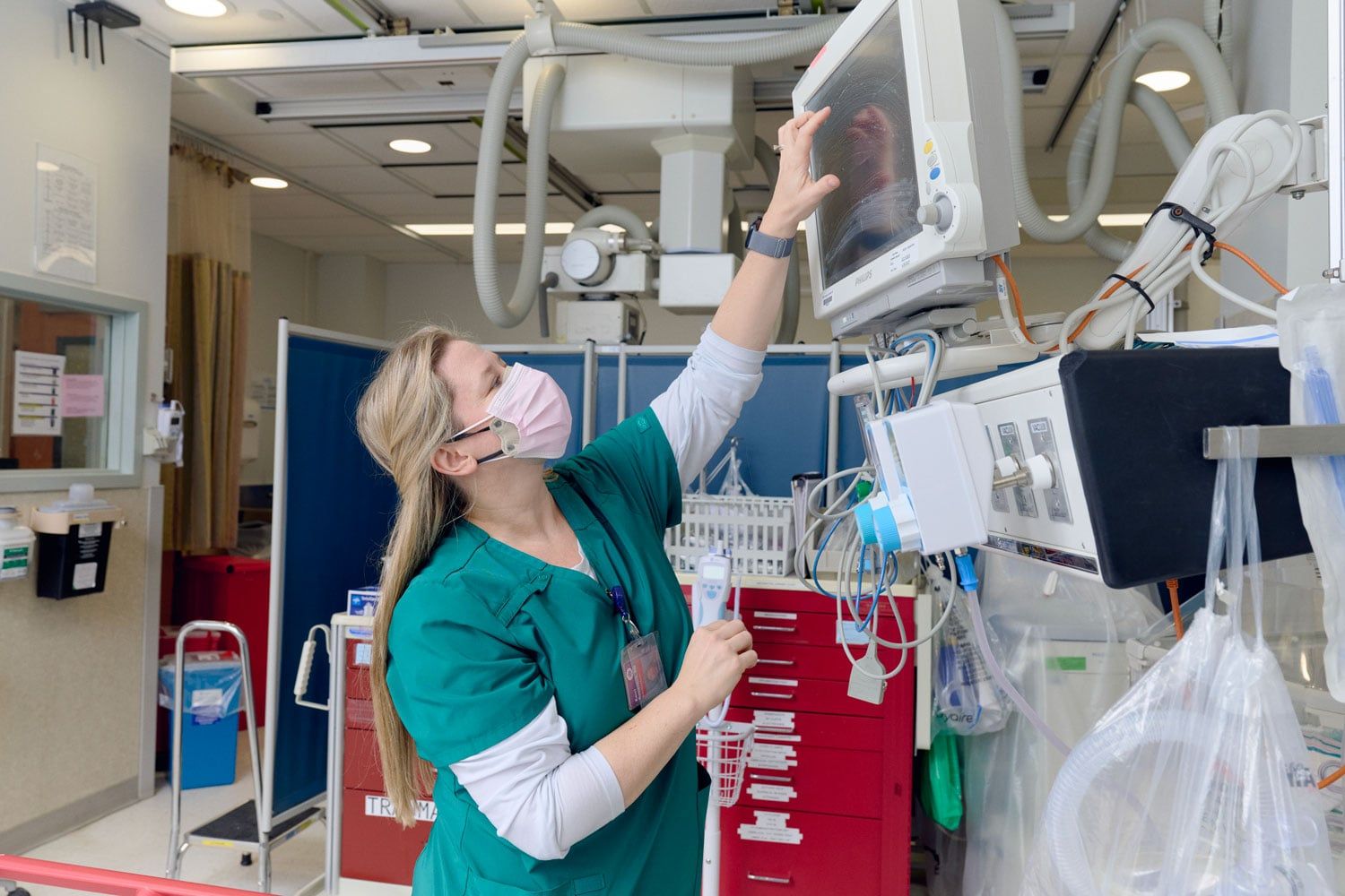 urse providing care in the trauma center at NYU Langone Hospital—Suffolk in Patchogue.