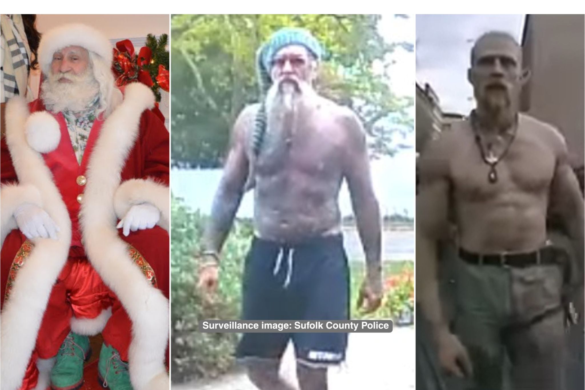 Comparison image showing Santa Claus, surveillance photo of shirtless bearded suspect wanted for e-bike theft in Centereach, and Techno Viking YouTube still.