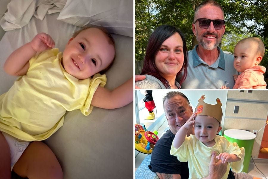Shaun, Jenn, and 1-year-old Jackson Berry smiling in family photo; Jackson laying in sheets smiling; and Jackson with his grandfather.