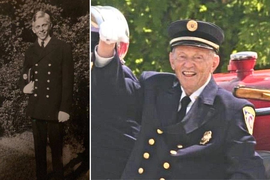 Ex-Chief Karl Thuge in Massapequa Fire Department uniform during a firehouse ceremony.