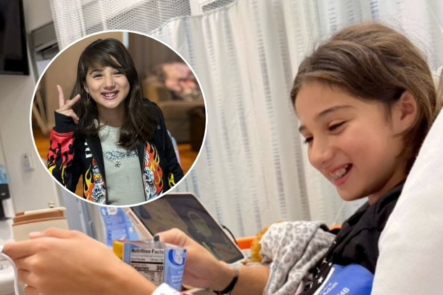 Avery Spinelli in a hospital setting; she's learning to walk again.