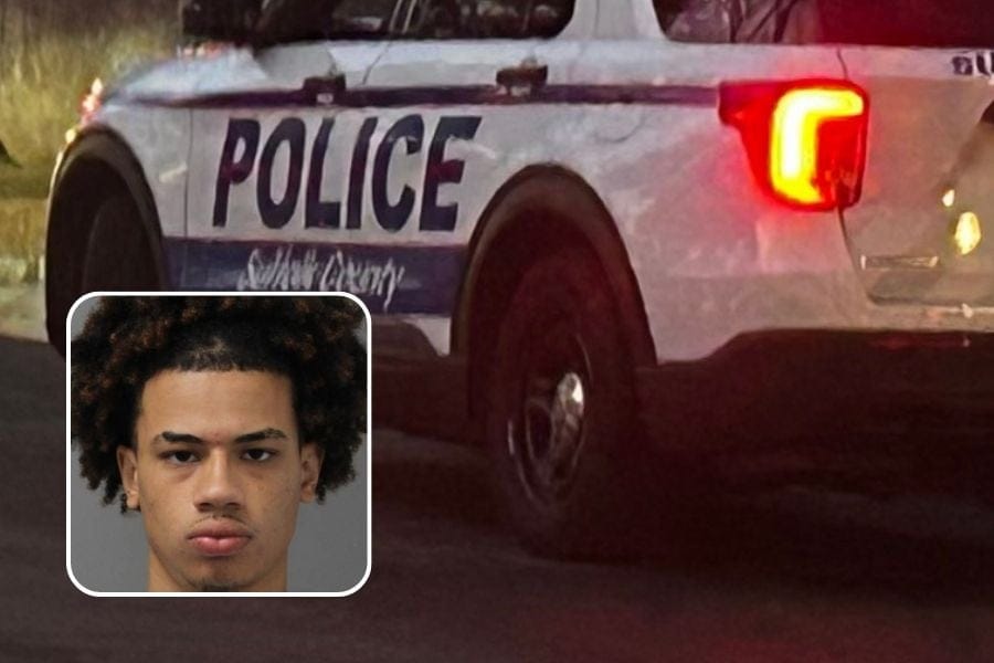 Suffolk Police car and mugshot of teen sentenced to prison in summer 2024 hit-and-run.