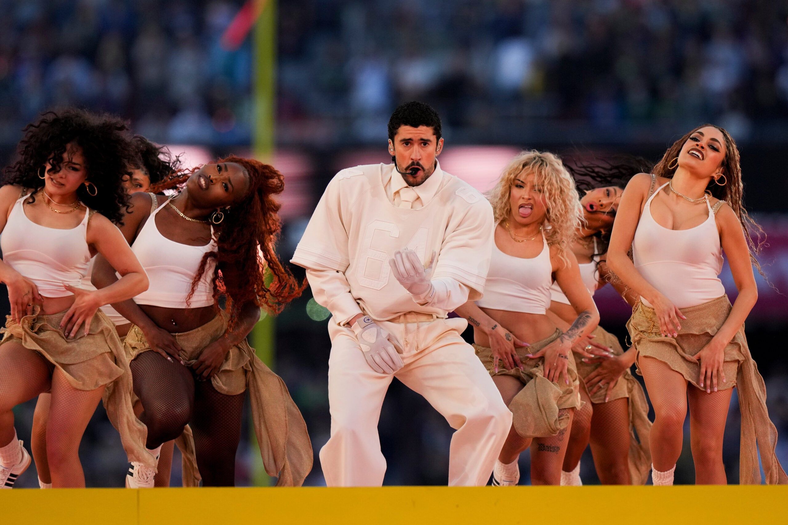 Bab Bunny lookalike contest at Stereo garden in Patchogue this Saturday -- photo ofBad Bunny performing at the Super Bowl.