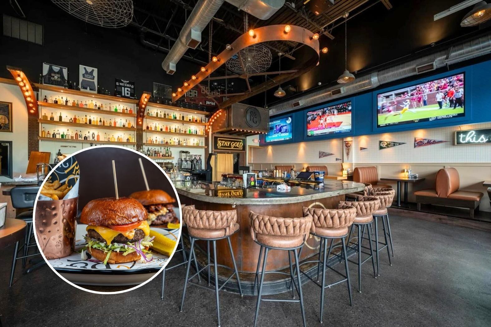 Interior of The Rust & Gold in Huntington Village, showing the restaurant’s dining room, bar area and rustic-industrial design elements.