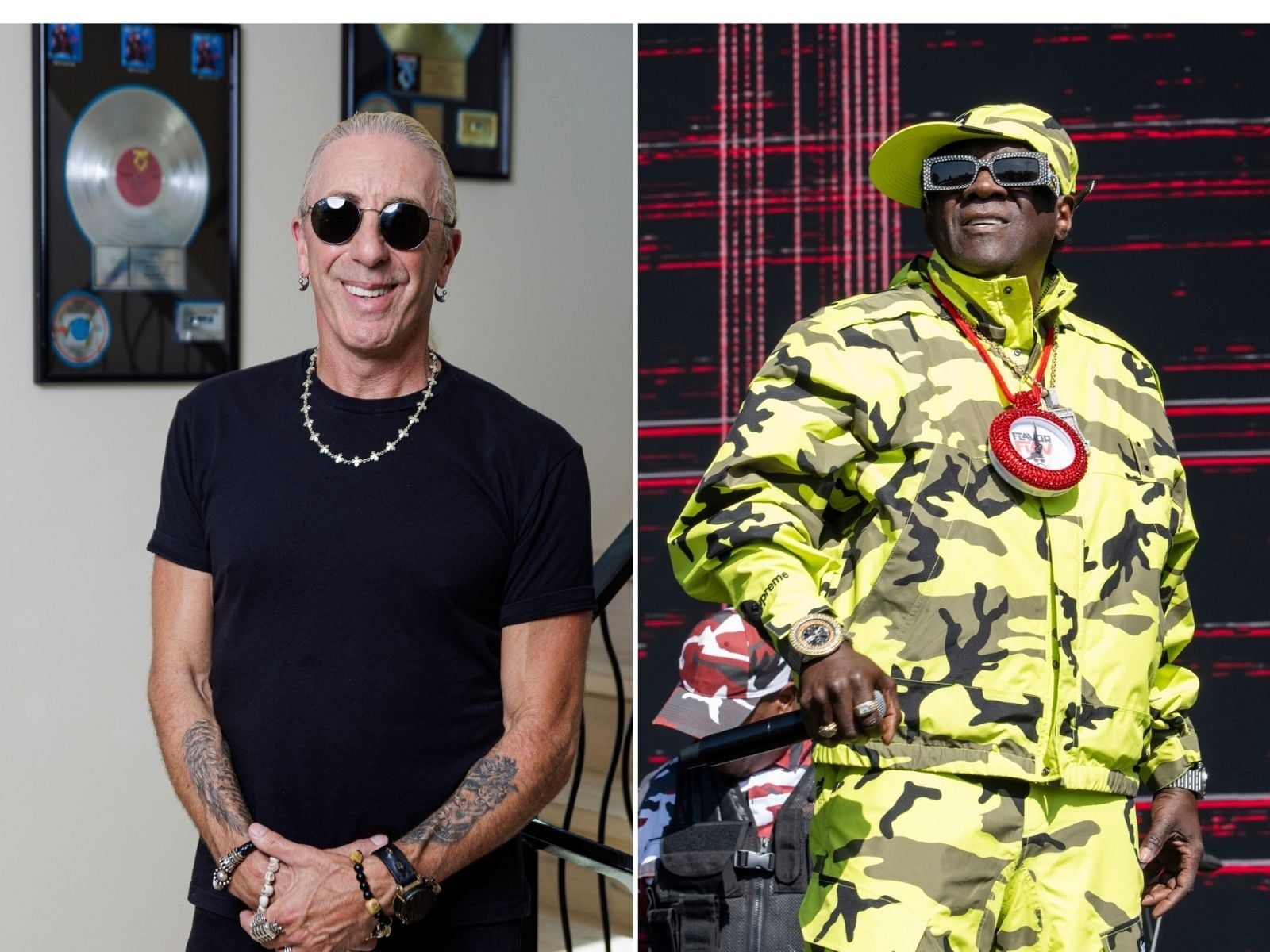 Dee Snider of Twisted Sister at home and Flavor Flav or Public Enemy on stage.