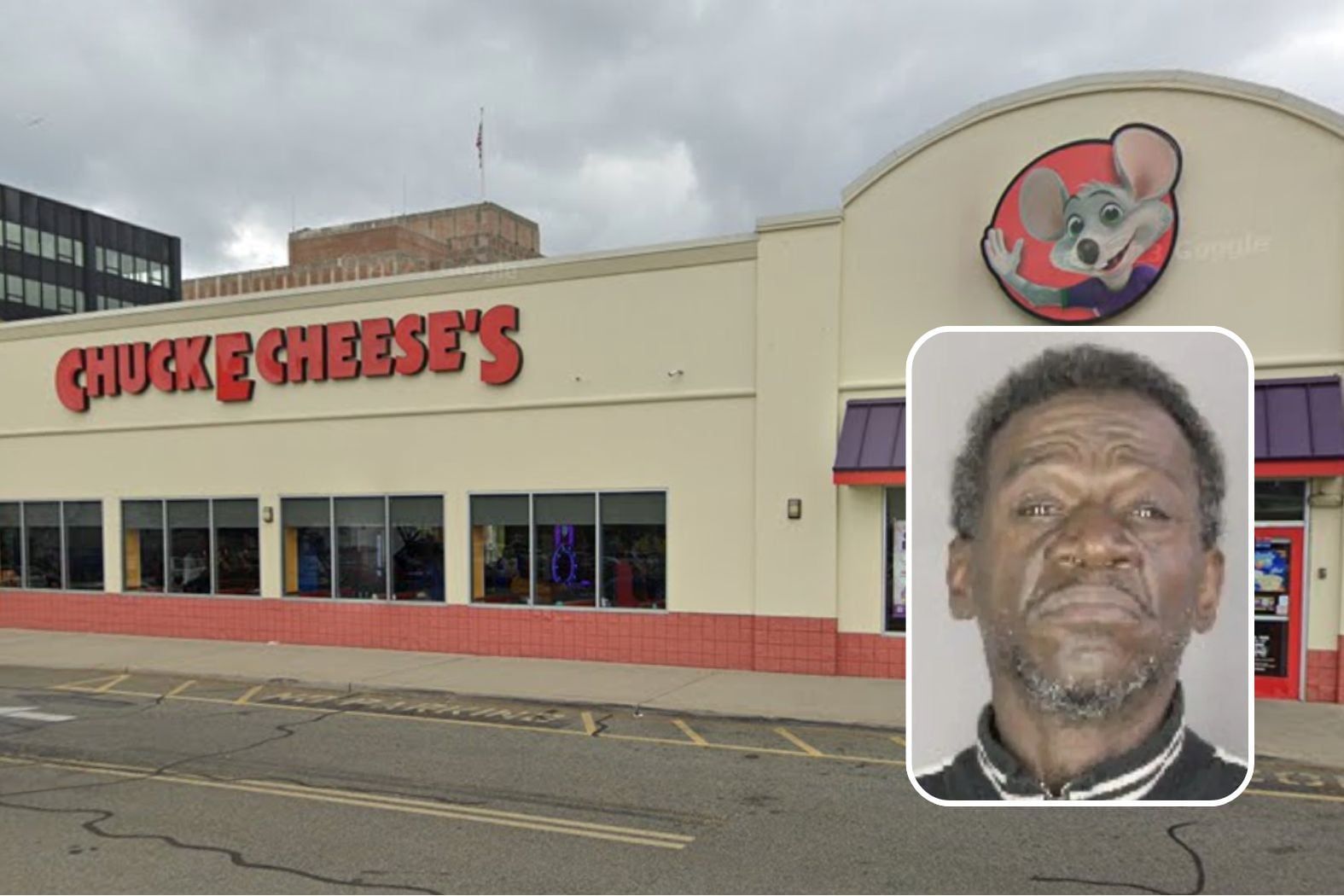Chuck E. Cheese restaurant in Hempstead with Dennis Ray in the inset photo.