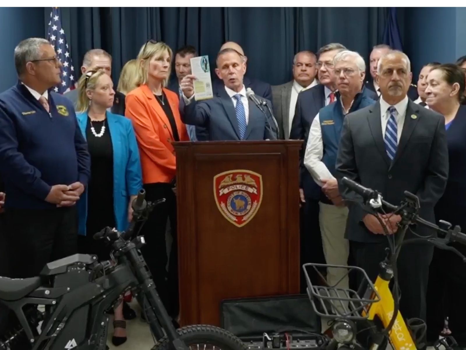 Suffolk County Executive Ed Romaine and Police Commissioner Kevin Catalina announce e-bike enforcement at April 23, 2026 press conference.