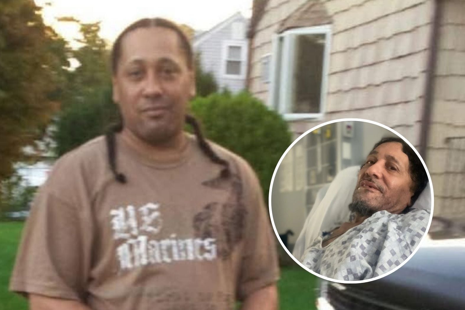 Stephen McCoy in hospital bed and also standing outside in the past before the shooting.