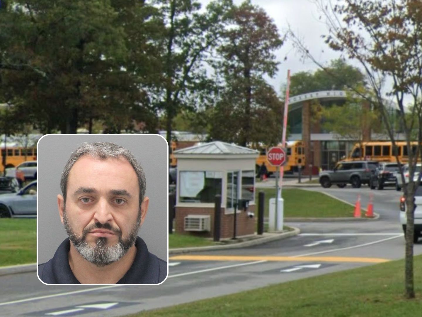 Syosset High School and a mugshot of the Syosset father arrested.