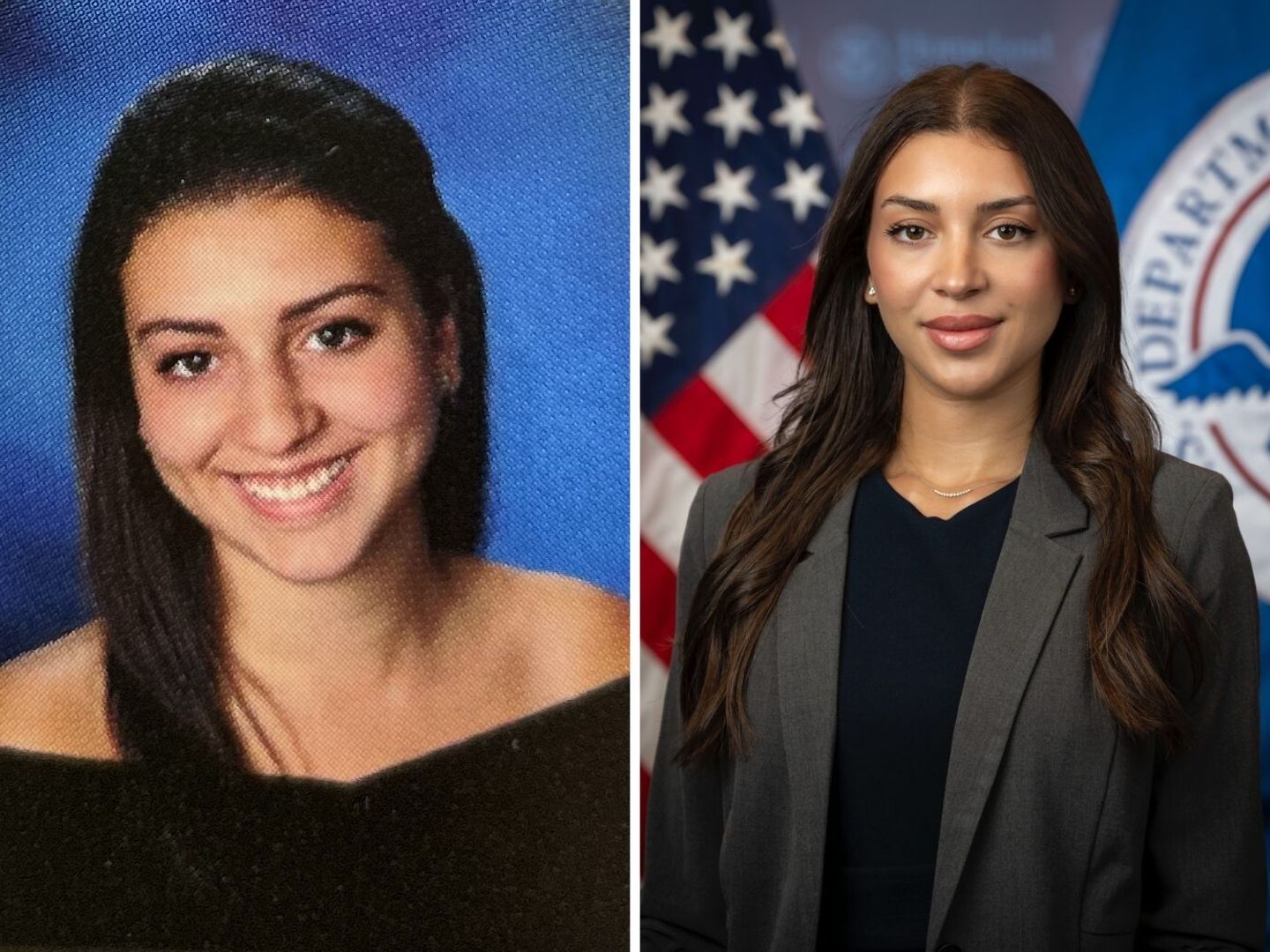 Julia Varvaro's 2014 Newfield High School senior class photo side-by-side with a recent LinkedIn photo.