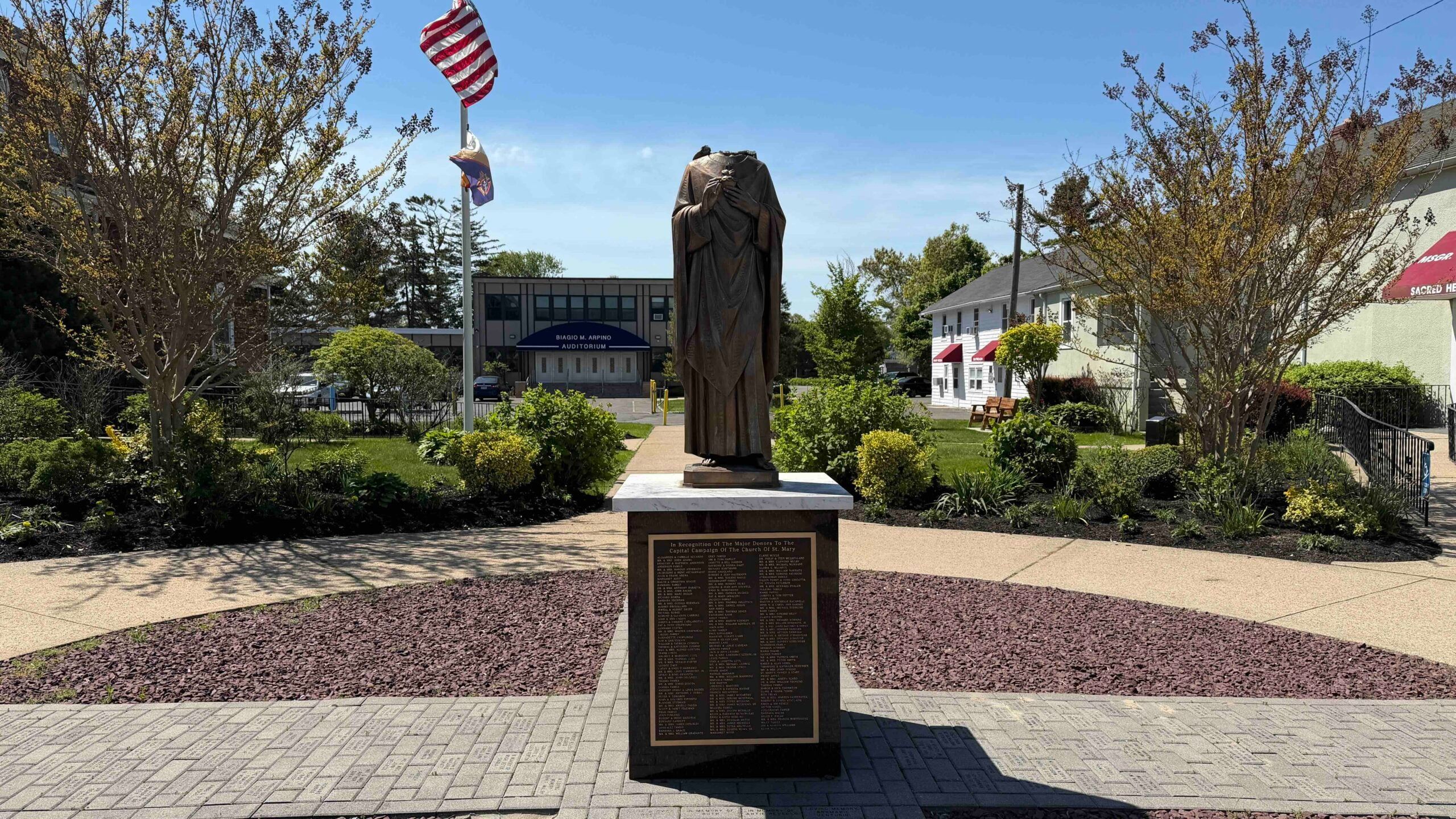 Beheaded statue of Jesus at St. Mary's Roman Catholic Church in East Islip.