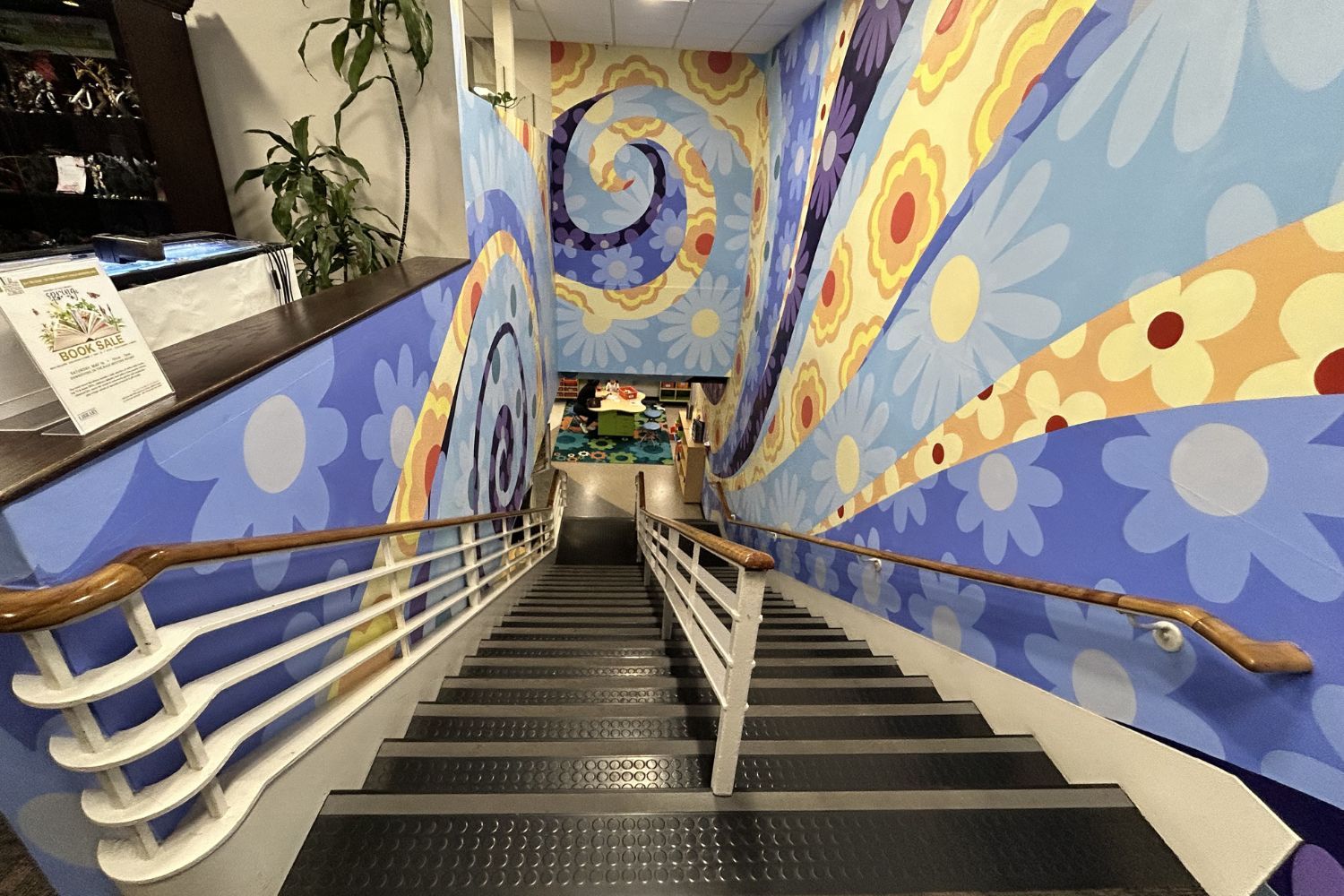 The staircase leading to the children's area at Patchogue-Medford Libraryon Main Street in Patchogue.