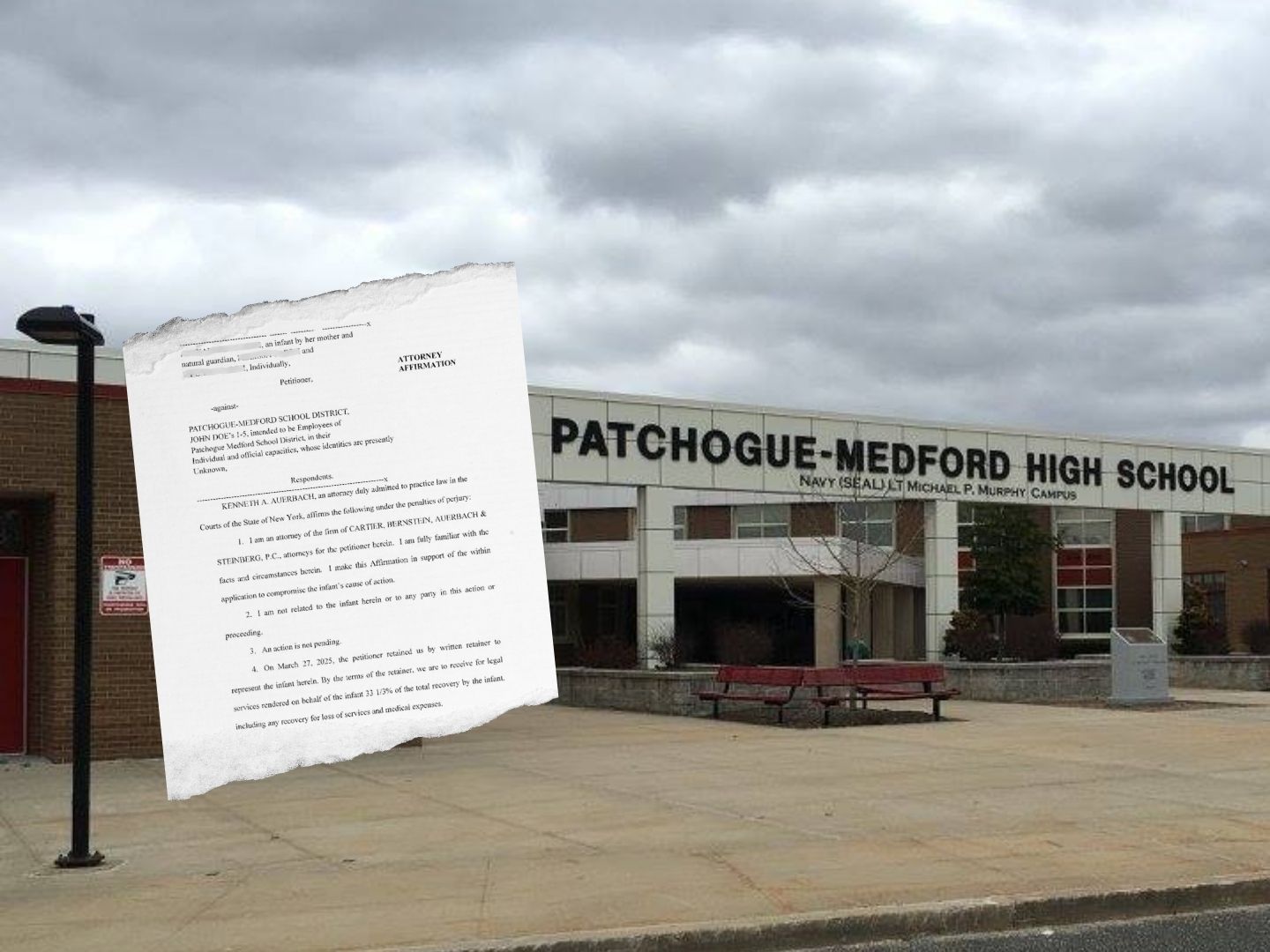 Patchogue-Medford High School and the first page of a lawsuit against the district.