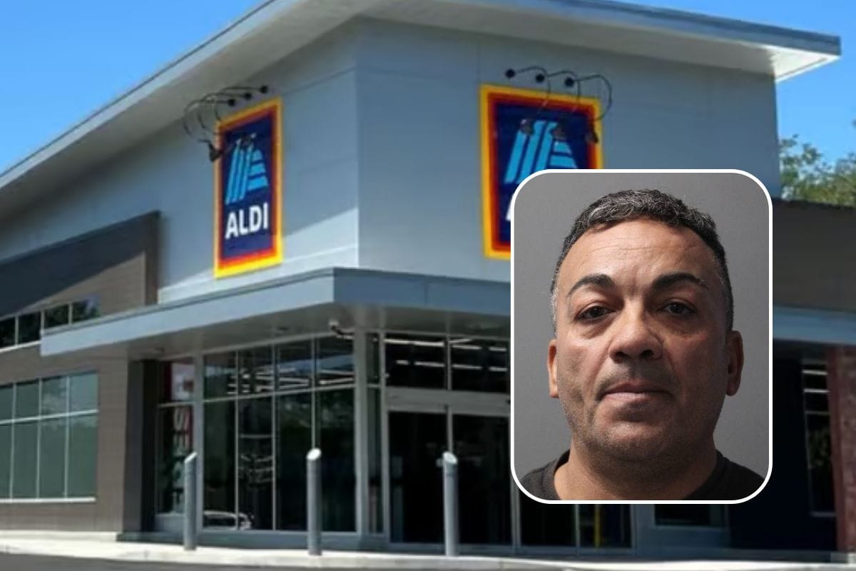 Aldi storefront and defendant.