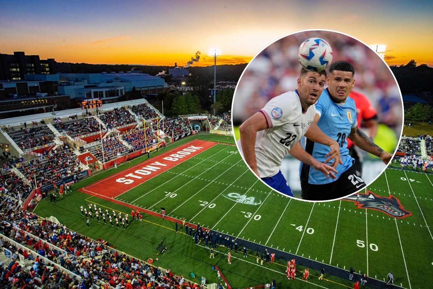 LaValle Stadium and a soccer player.