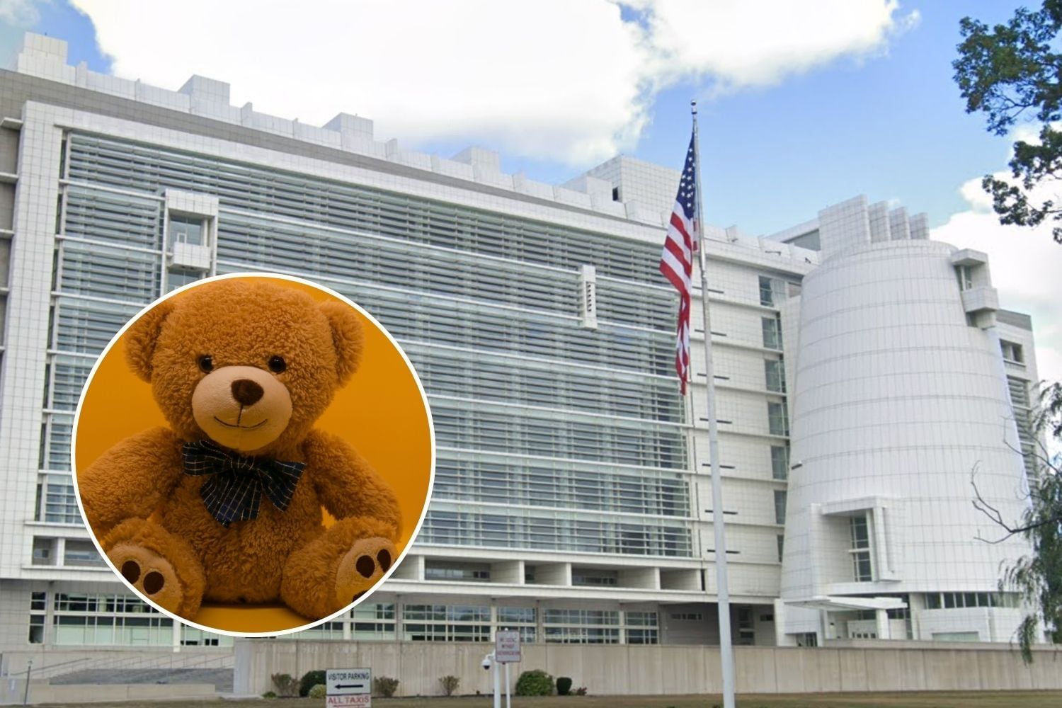 Images of teddy bear and federal courthouse in Central Islip, where ex-Navy officer Douglas Engstrom pleaded guilty on Tuesday.