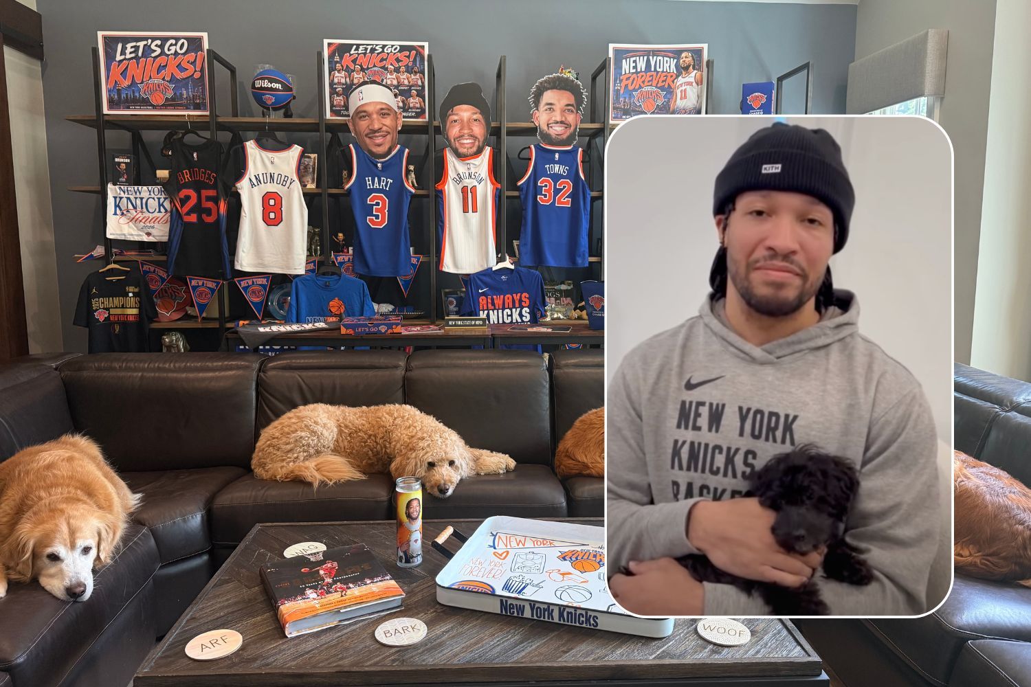 Knicks captain Jalen Brunson holds his rescue dog Stevie, adopted from Jake's Rescue Ranch in Manhasset in April 2024. Also seen is the Monacos' basement decorated with Knicks jerseys and other memorabilia.