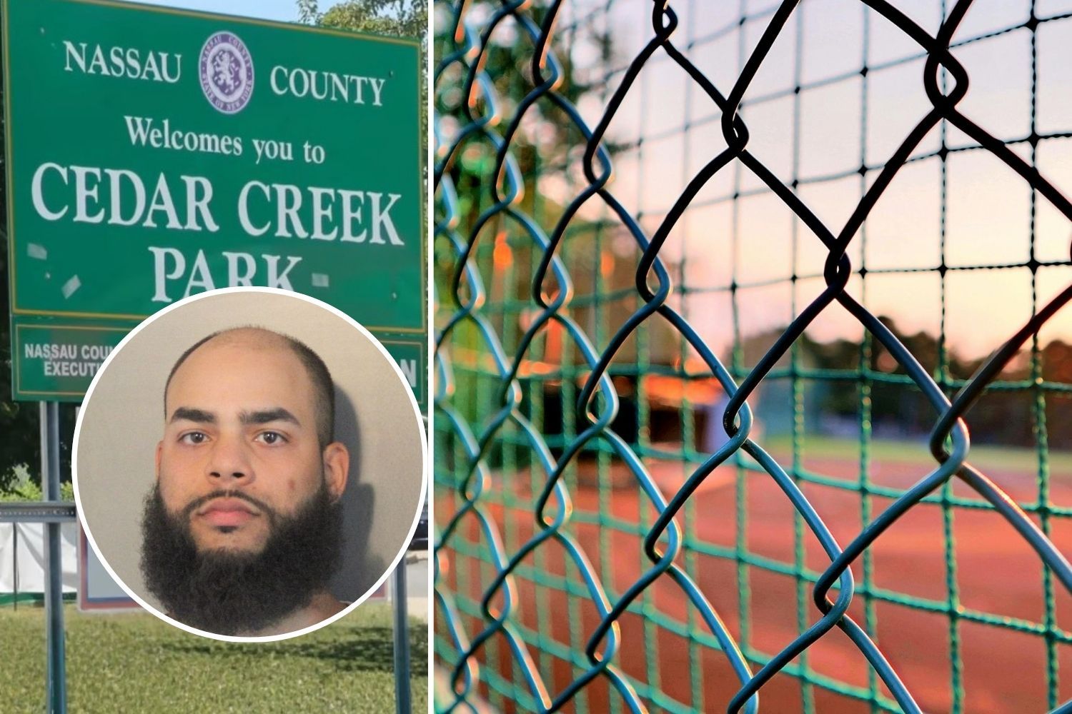 defendant's mugshot and photo of fence at field.