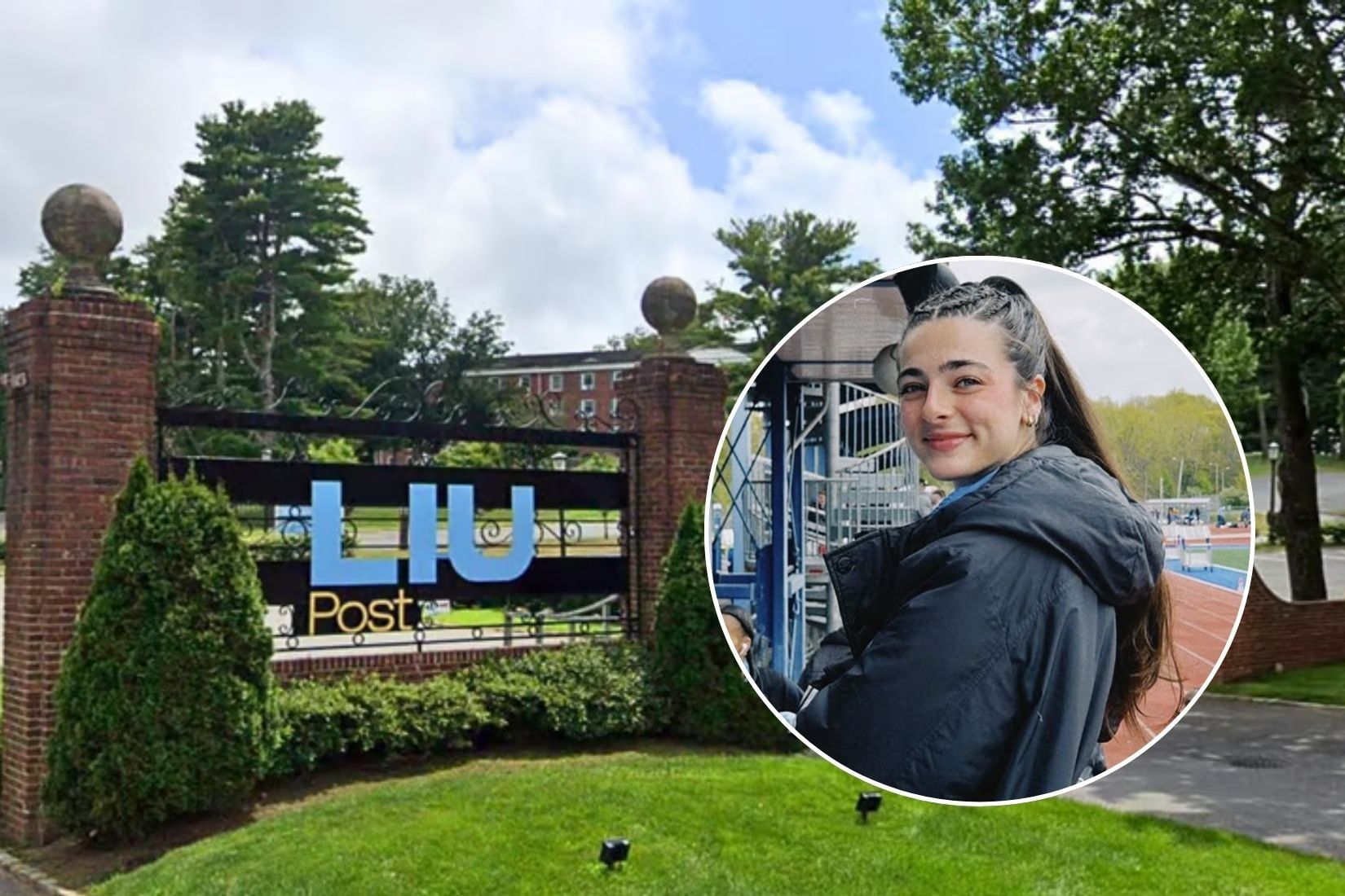 Keirsten Beirne, track athlete, in inset photo and LIU entrance in main photo.