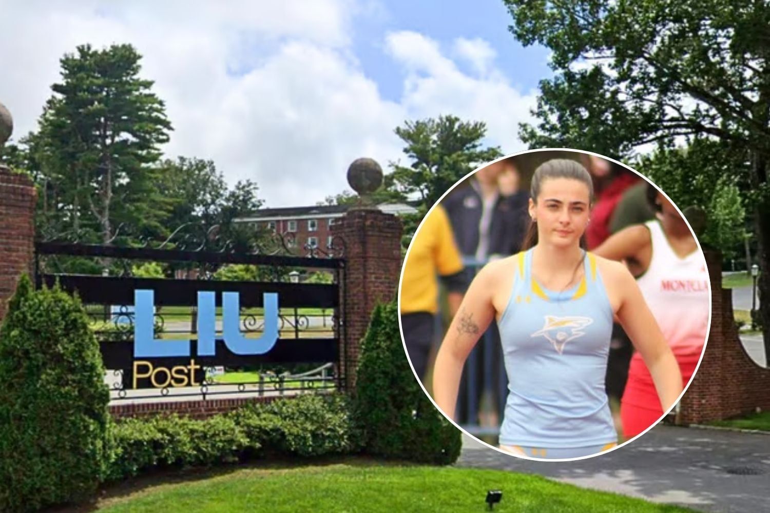 Keirsten Beirne, track athlete, in inset photo and LIU entrance in main photo.
