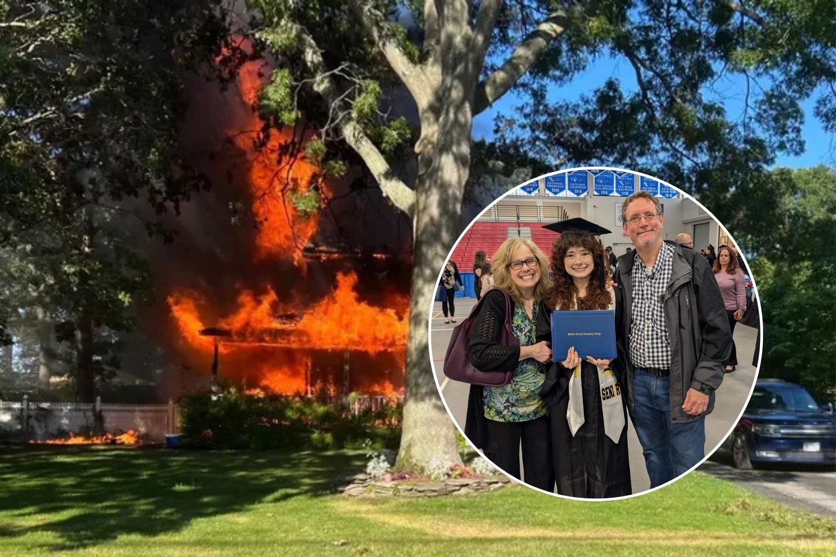 Bohemia family, the Browns, in front of house on fire.