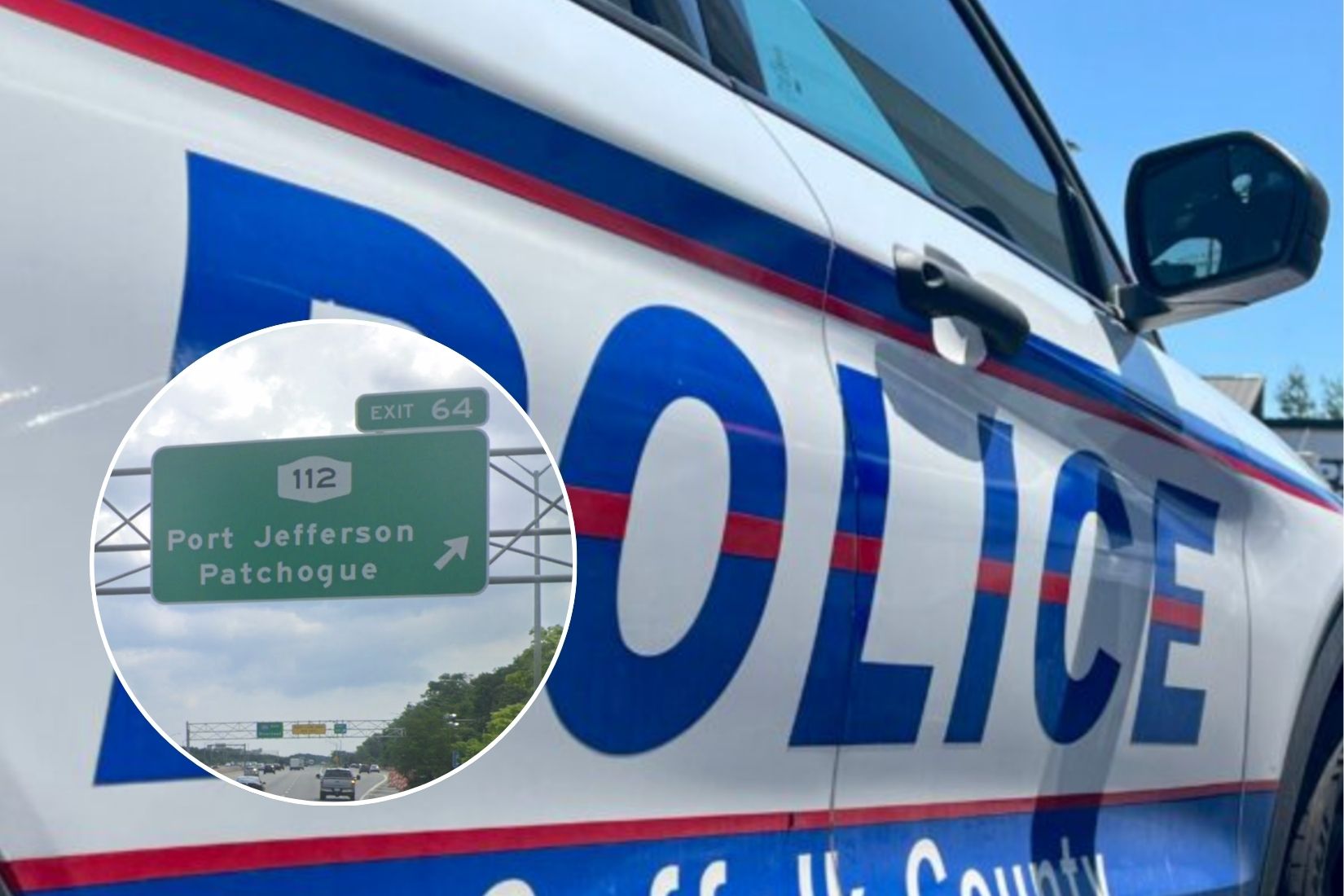 Long Island Expressway homicide story -- police car and Exit 64 sign.