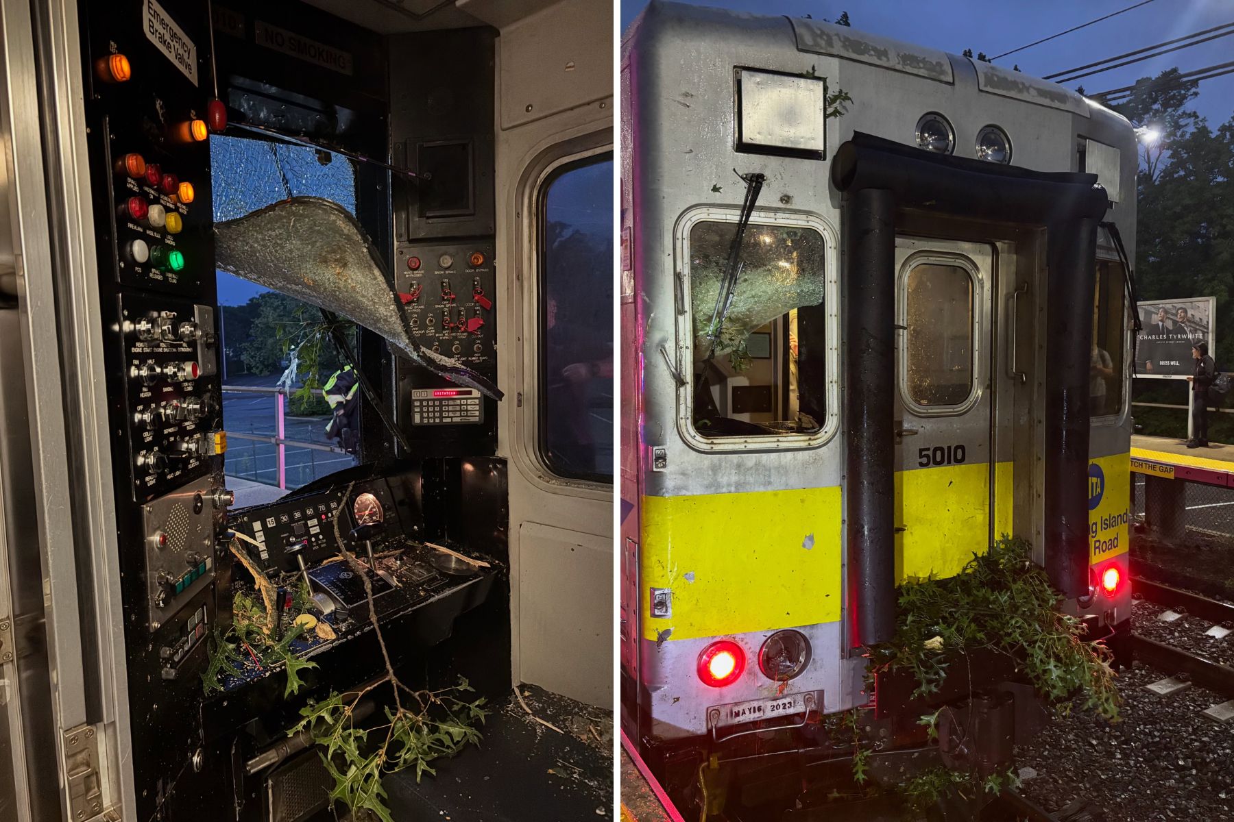 Train strikes tree in rain.