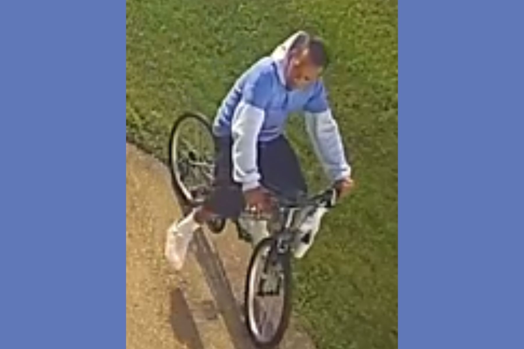 Surveillance images of man wanted for stealing bicycle in Centereach.