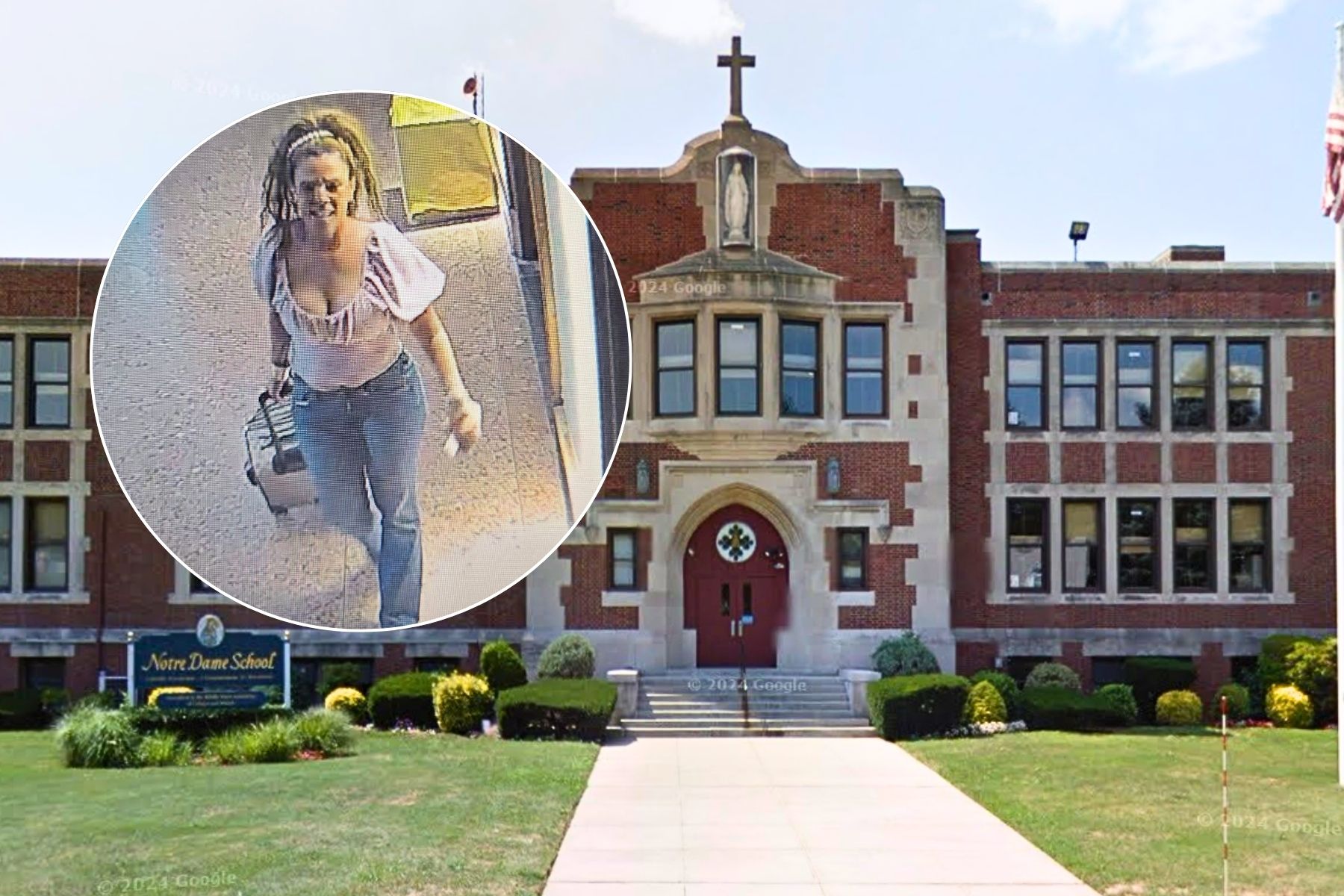 Notre Dame elementary school in North New Hyde Park and female suspect.