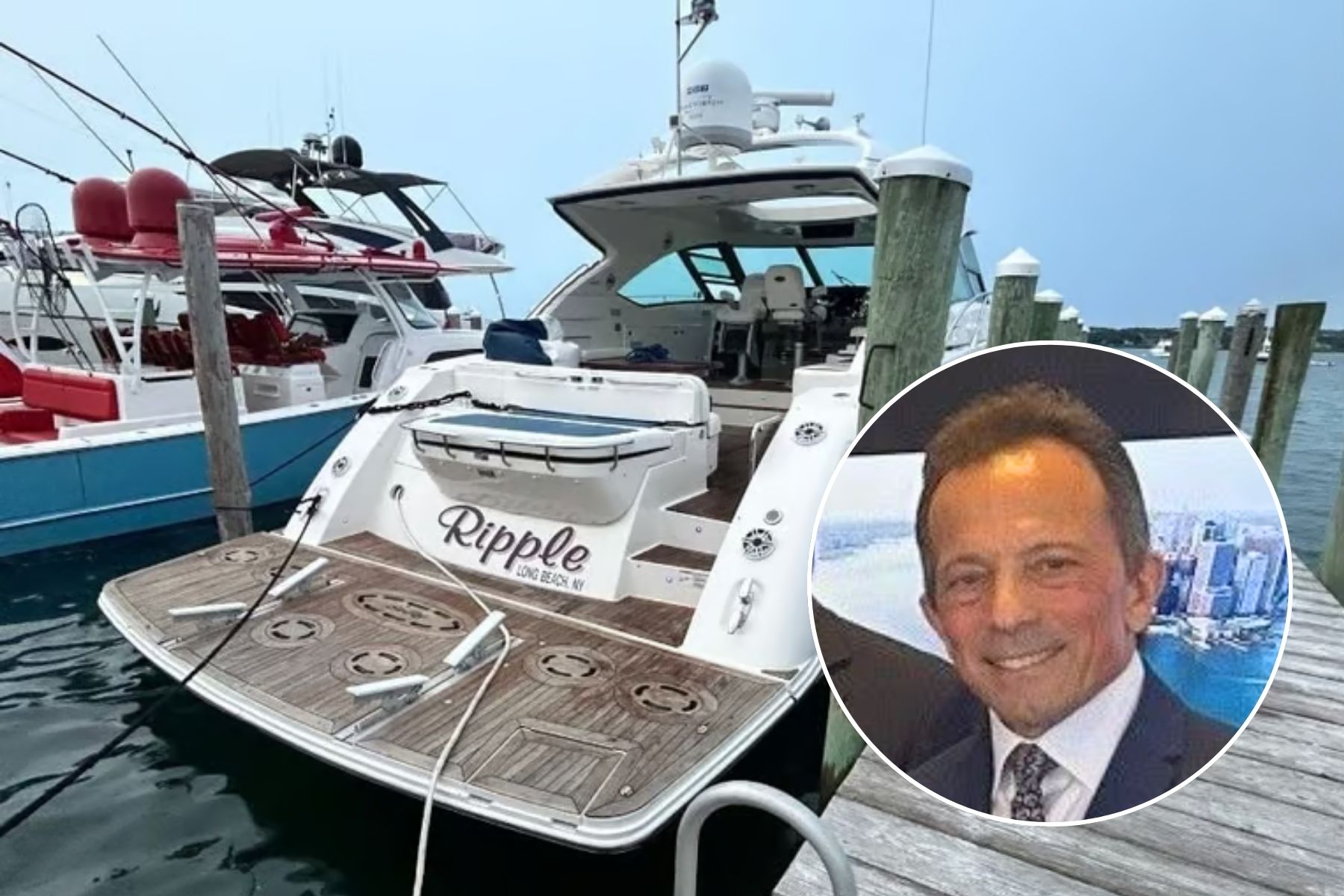 The yacht Ripple when it was docked at the Montauk Yacht Club and James Mercante in an inset image.