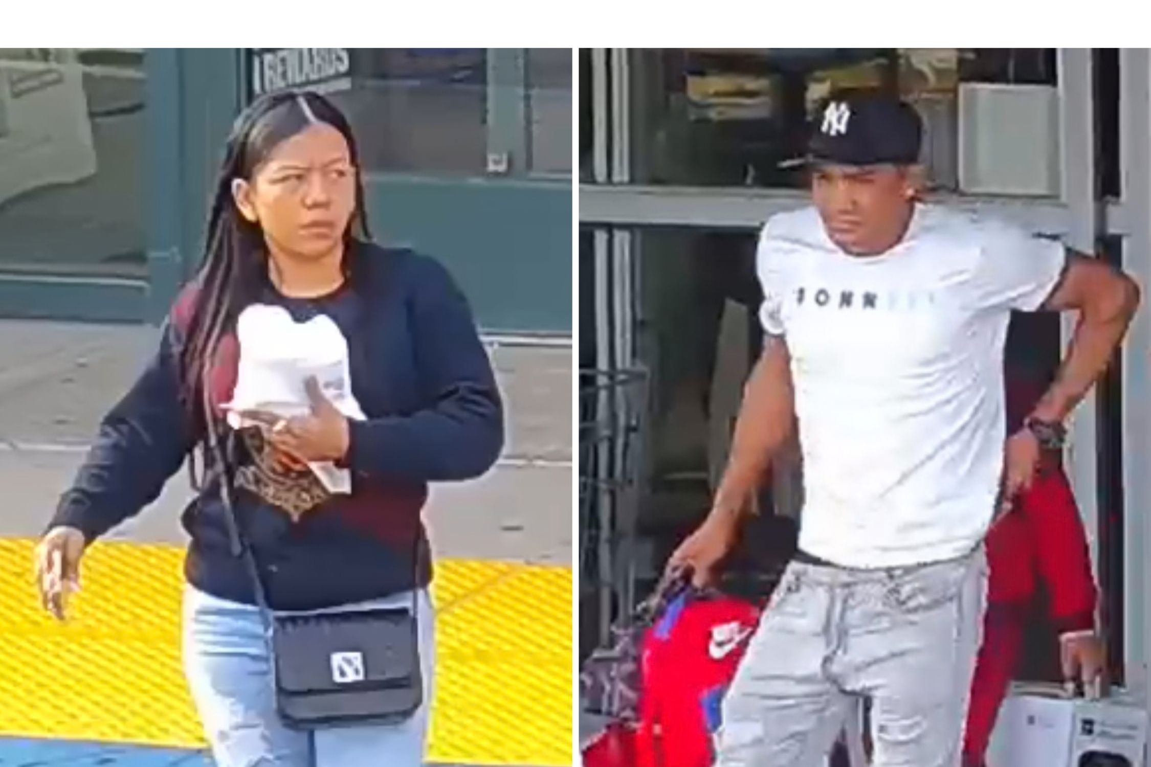 Suffolk Police surveillance images of a man carrying bags out of Dick's Sporting Goods in Patchogue, a woman in the parking lot.