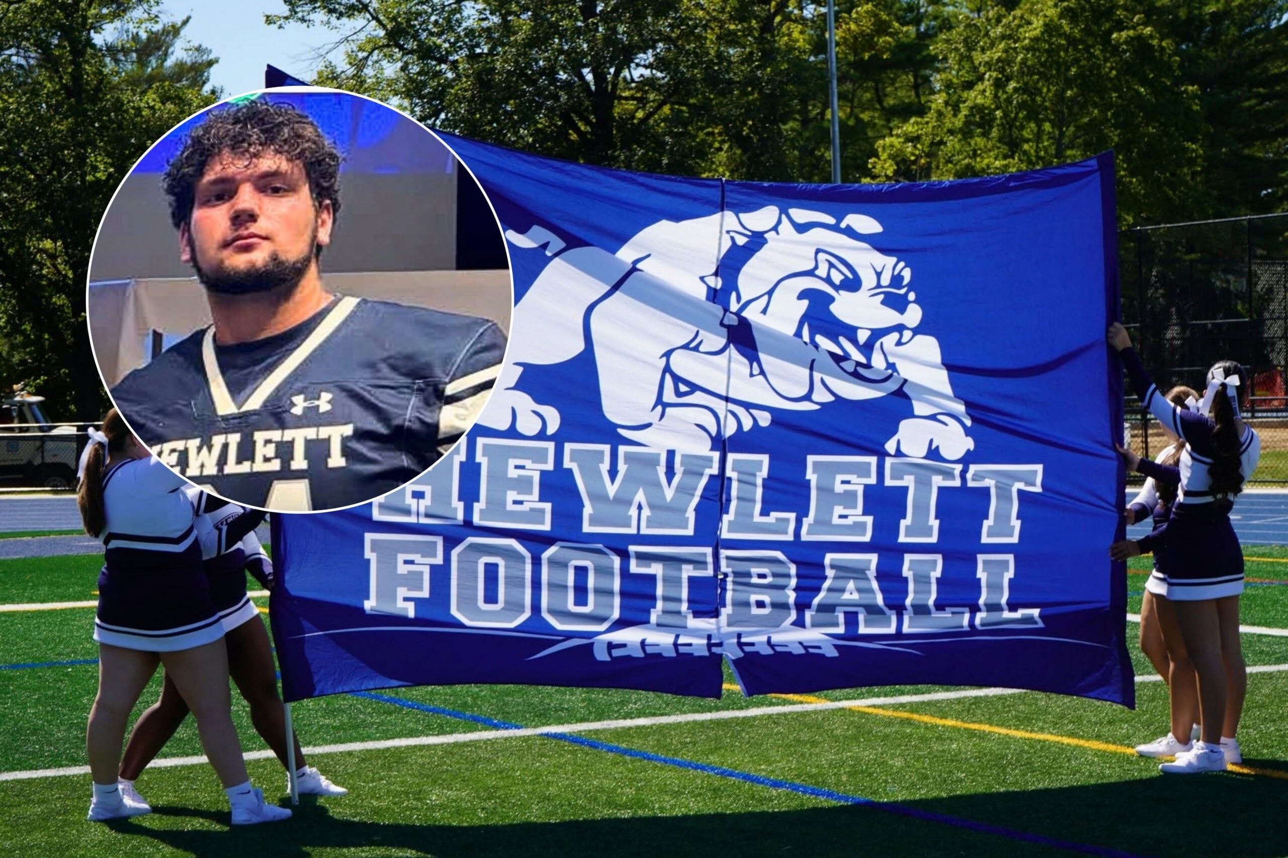 Dominick Lord, George W. Hewlett High School football captain and Heart of a Giant nominee, in uniform, with a background photo of last year's homecoming on the football field.