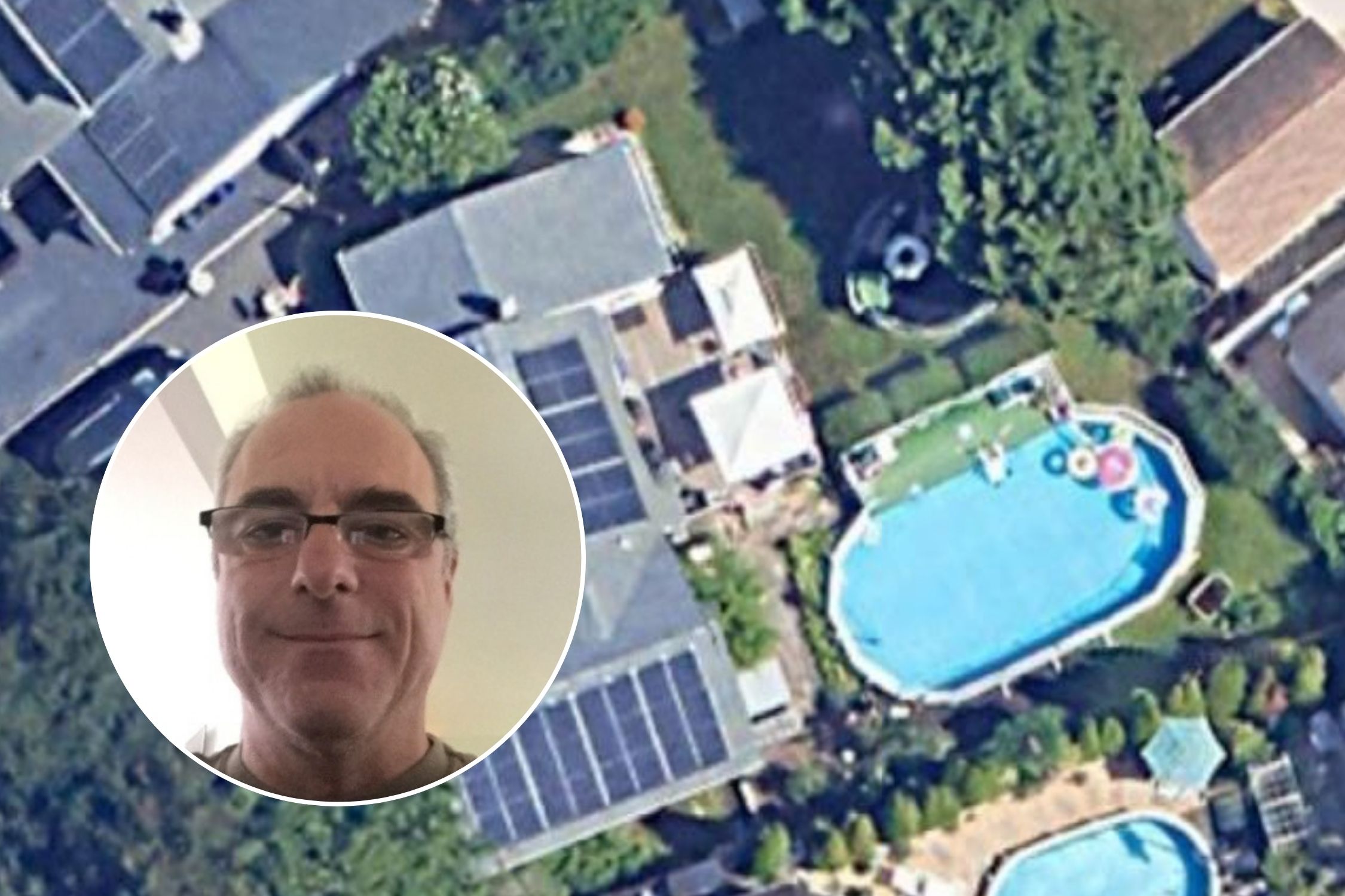 David Astarita inset photo and overhead image of where he lived, including a pool.