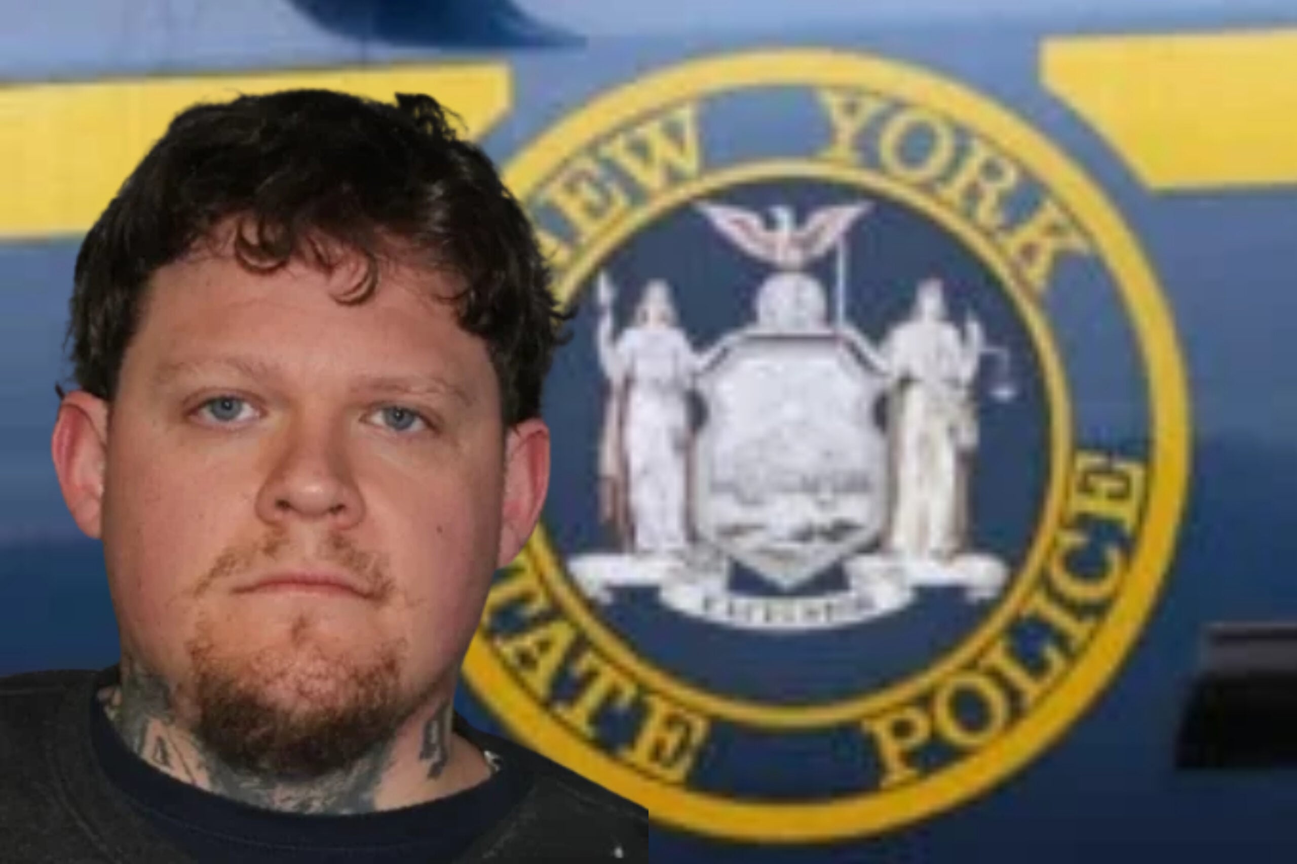 New York State Police patrol car and booking photo.
