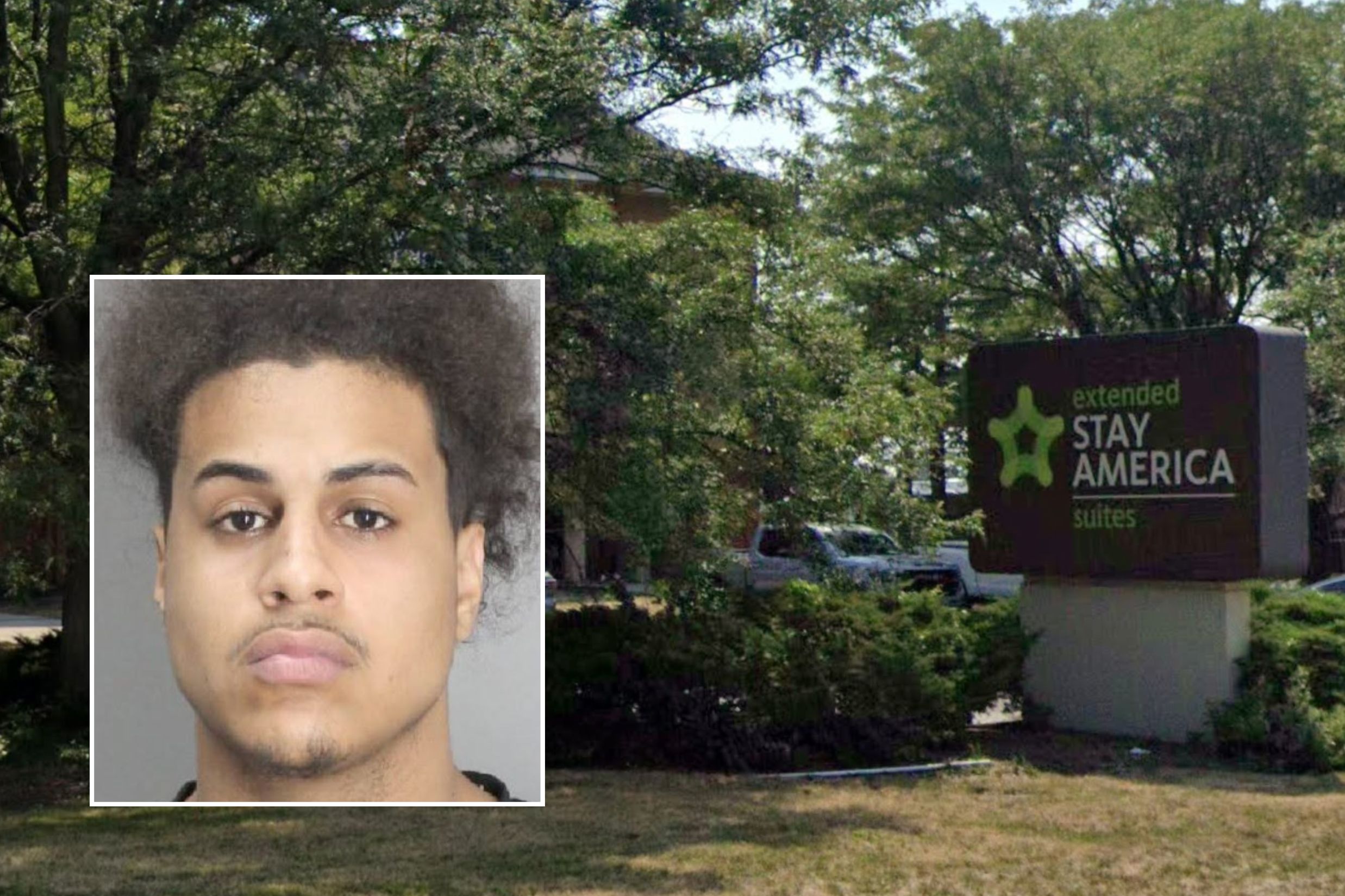 Extended Stay America hotel on Oyster Bay Road in Bethpage, where Jorge Vazquez was fatally shot in April 2025 and Santana's booking photo.