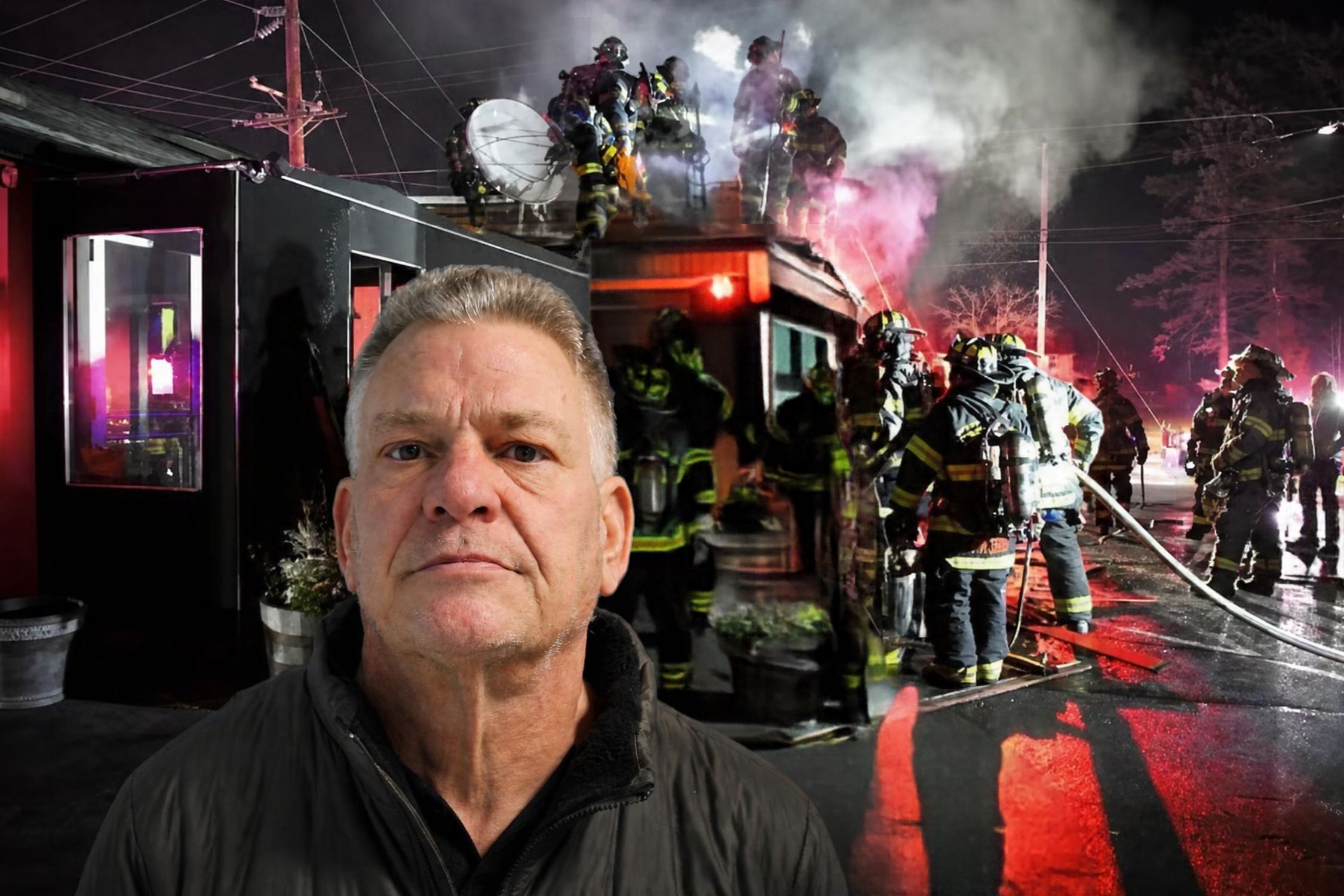 Firefighters respond to a fire at Riley Fibbers Pub & Restaurant on Carleton Avenue in East Islip on Nov. 20, 2025 and the man convicted of arson in the inset photo.
