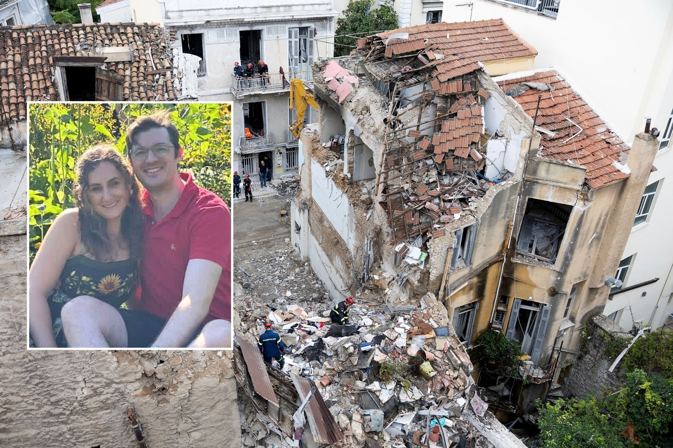 Ian Kirkpatrick and his wife Florida in inset photo; explosion scene in main photo.