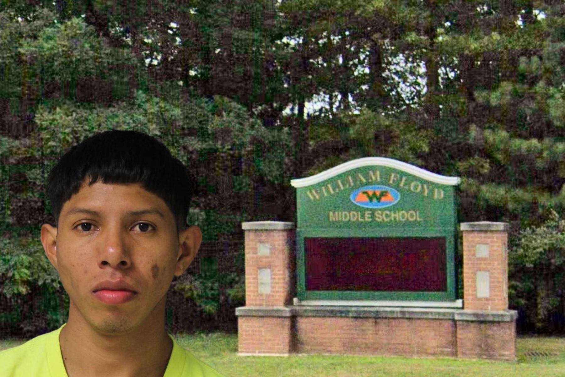 Booking photo of defendant and image of school entrance.