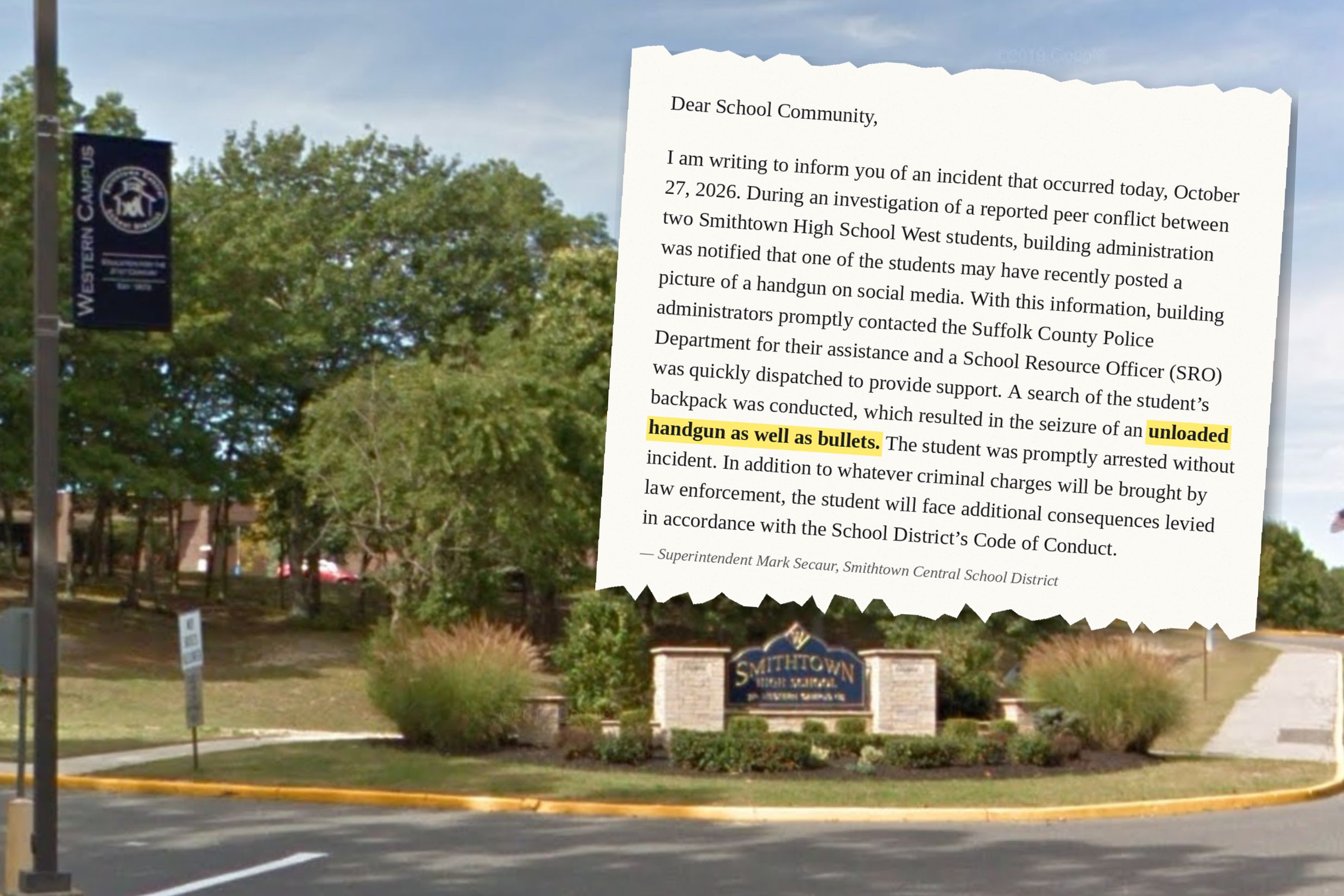 Smithtown West HS entrance and superintdent's message