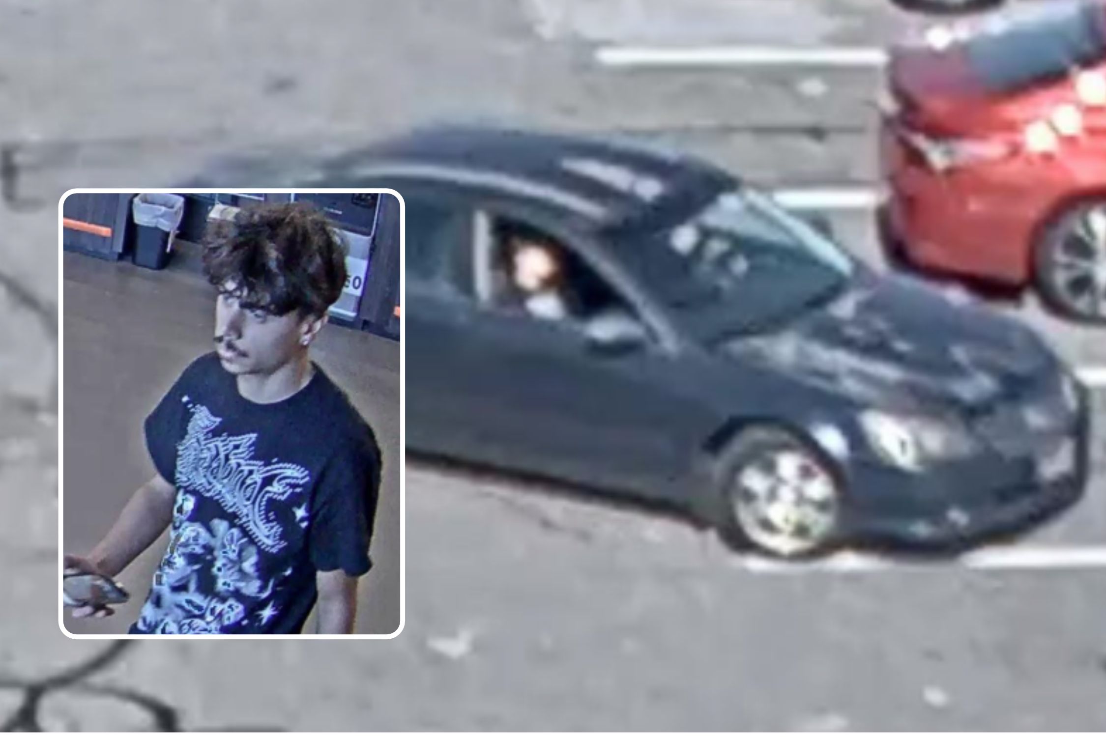 Surveillance images of a man in a black graphic T-shirt and a dark sedan wanted in a tool theft at the Coram Home Depot.