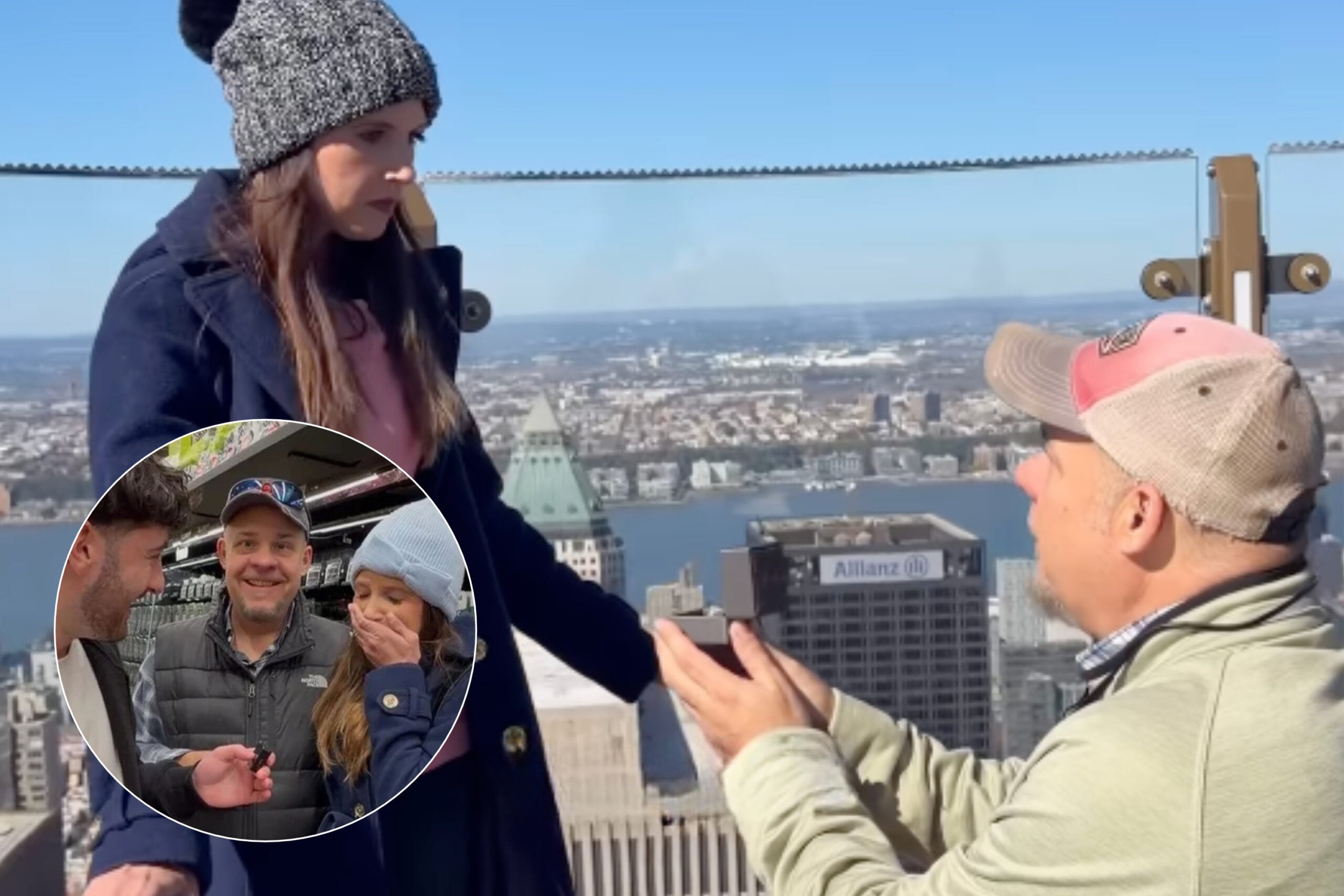 Peter Napolitano proposes on bent knee to Elena Kolkova at the Top of the Rock at Rockefeller Center.