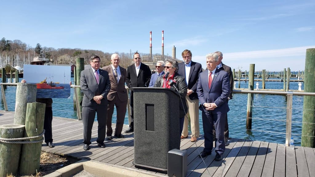 From a press conference announcing the project pitch in Port Jeff last week. (Credit: Port Jefferson Facebook Page.)